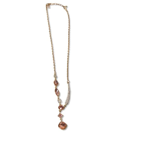 Gold Tone Pendant Necklace Rhinestone Pink Gems Asymmetrical Fashion Jewelry - Picture 6 of 10